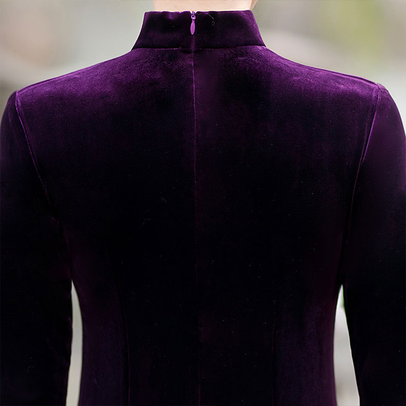 Velvet Red Purple Thigh Split Fishtail Qipao Cheongsam Dress