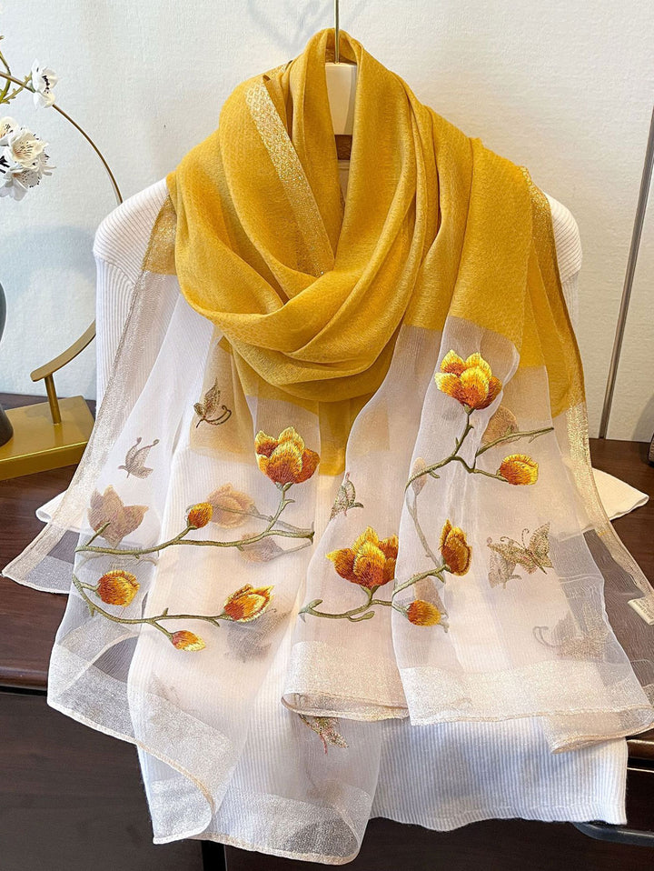 Embroidered Magnolia Floral Mulberry Silk Women Scarf Shawl
