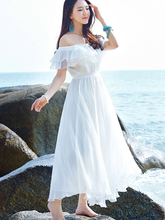 2024 Off Shoulder White Flare Vacation Beach Dress