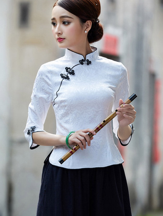 White Black Jacquard Qipao Cheongsam Top Blouse
