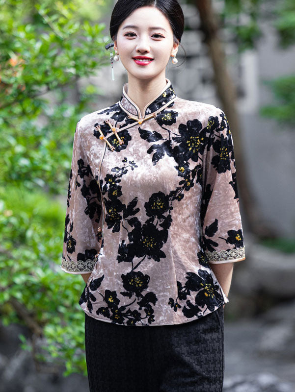 Jacquard Floral Mothers Cheongsam Blouse Top