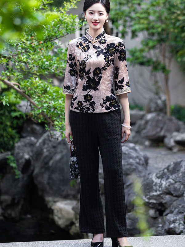Jacquard Floral Mothers Cheongsam Blouse Top
