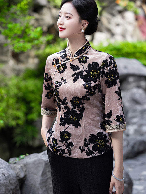 Jacquard Floral Mothers Cheongsam Blouse Top
