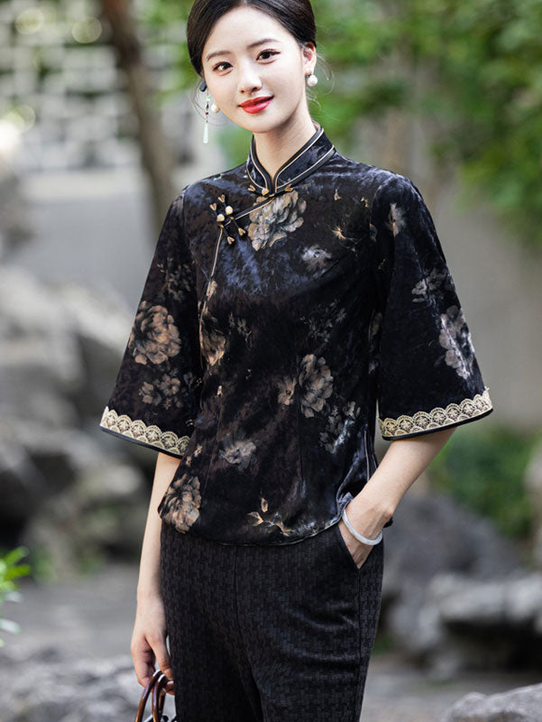 Jacquard Floral Mothers Cheongsam Blouse Top