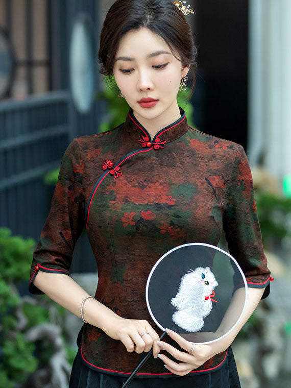 2024 Floral Print Mothers Cheongsam Blouse Top