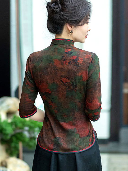 2024 Floral Print Mothers Cheongsam Blouse Top