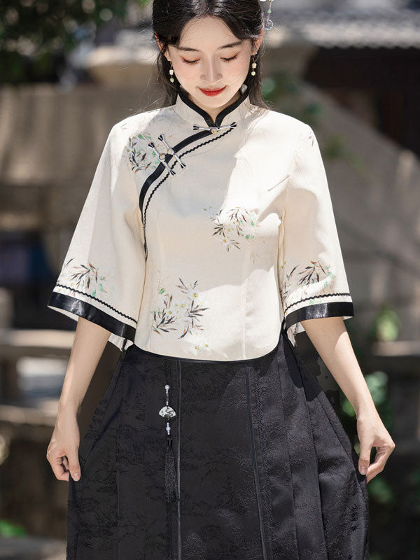 Floral Print Bell Sleeve Cheongsam Blouse Top