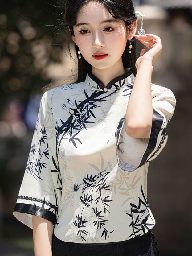 Floral Print Bell Sleeve Cheongsam Blouse Top