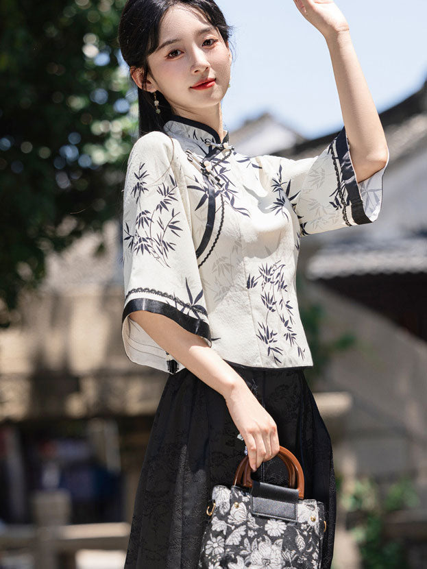 Floral Print Bell Sleeve Cheongsam Blouse Top