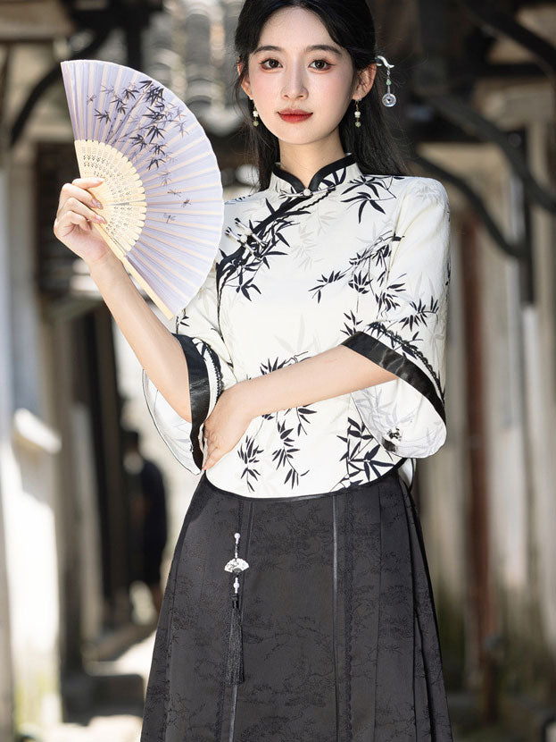 Floral Print Bell Sleeve Cheongsam Blouse Top