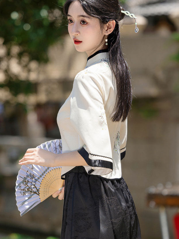 Floral Print Bell Sleeve Cheongsam Blouse Top