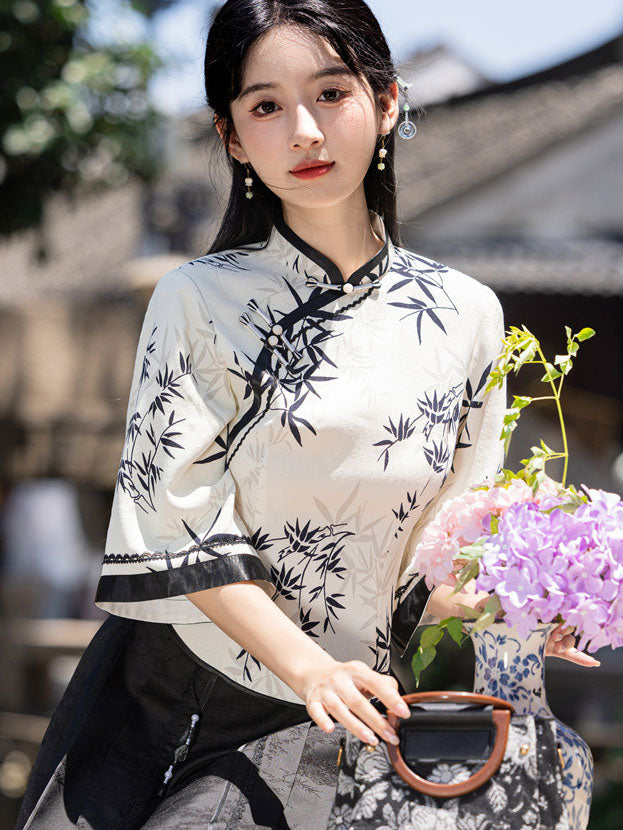 Floral Print Bell Sleeve Cheongsam Blouse Top