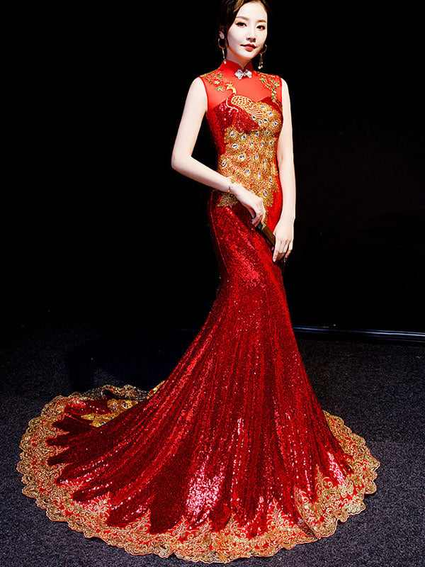 Custom Made Sequined Brush Train Qipao Cheongsam Evening Dress Custom Made / Red Custom Made Sequined Brush Train Qipao Cheongsam Evening Dress Custom Made / Red
