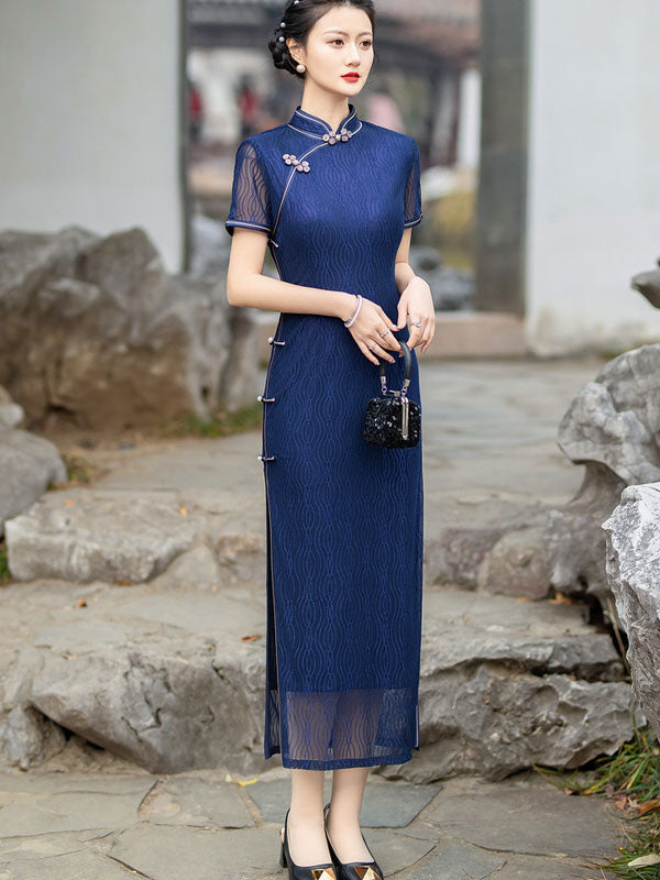 Navy Blue Black Lace Modern Qipao / Cheongsam Prom Dress - IMALLURE XXL / Blue Navy Blue Black Lace Modern Qipao / Cheongsam Prom Dress - IMALLURE XXL / Blue