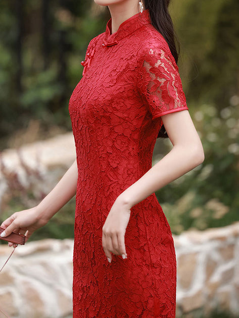 Red Floral Lace Wedding Qipao Cheongsam Dress Imallure Imallure