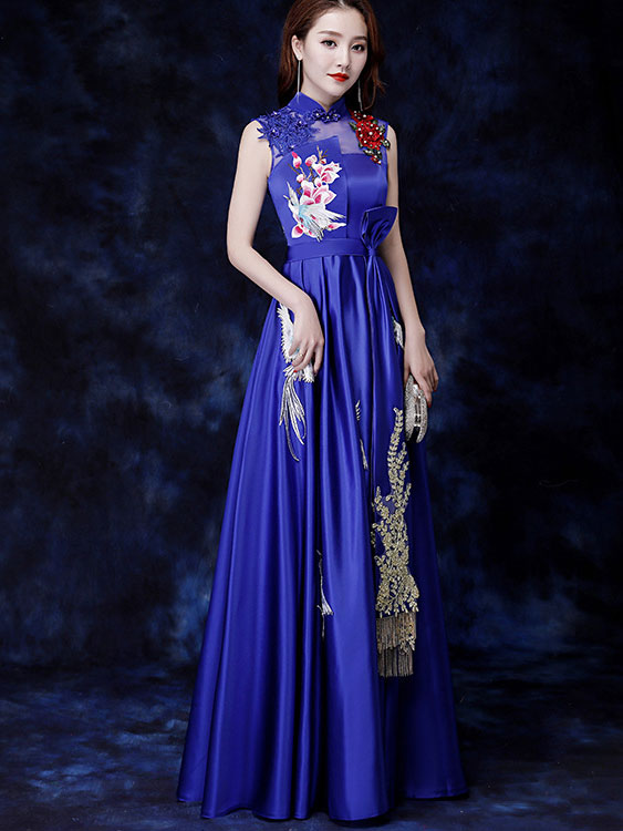 Green Blue A-Line Phoenix Maxi Qipao Cheongsam Evening Dress