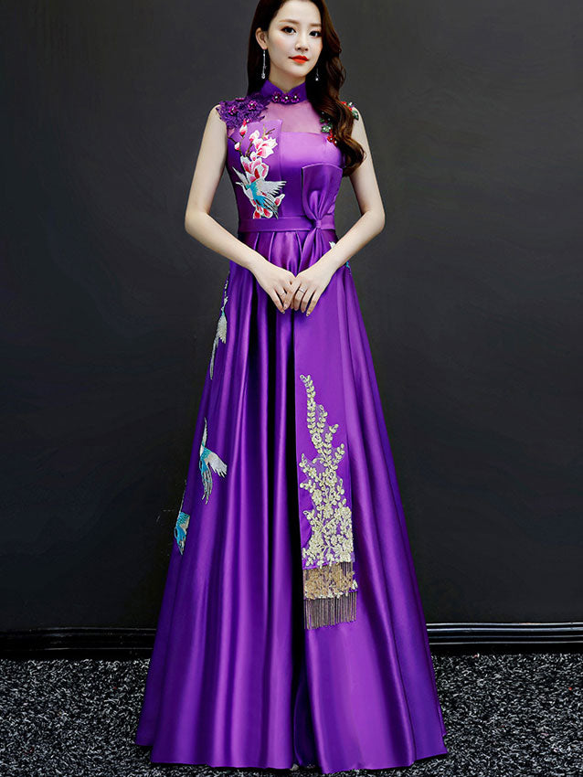 Green Blue A-Line Phoenix Maxi Qipao Cheongsam Evening Dress
