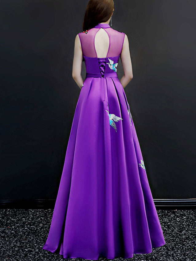 Green Blue A-Line Phoenix Maxi Qipao Cheongsam Evening Dress