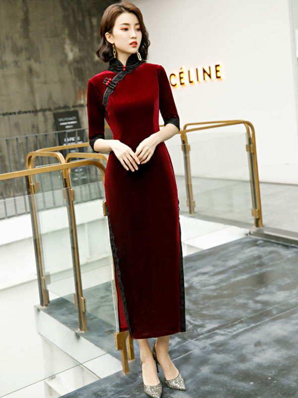 Green Red Velvet Half Sleeve Maxi Qipao / Cheongsam Dress