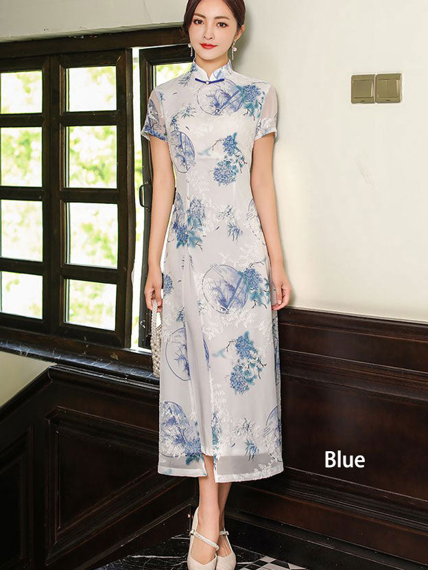 Floral Print Midi A-Line Casual Cheongsam Qipao Dress - IMALLURE XXL / Blue Floral Print Midi A-Line Casual Cheongsam Qipao Dress - IMALLURE XXL / Blue
