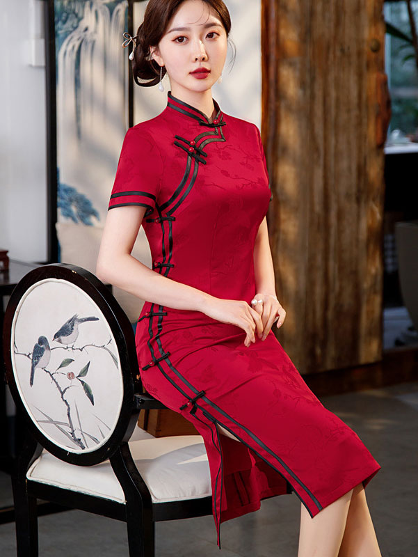 Black Red Jacquard Midi Cheongsam Qipao Party Dress