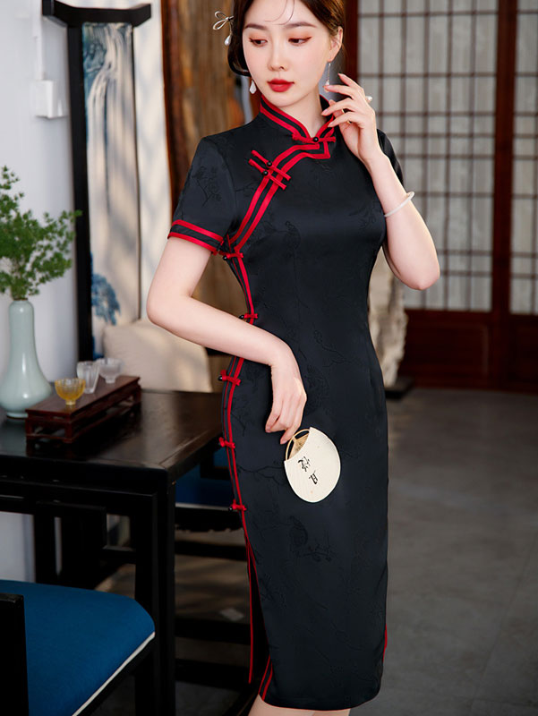 Black Red Jacquard Midi Cheongsam Qipao Party Dress