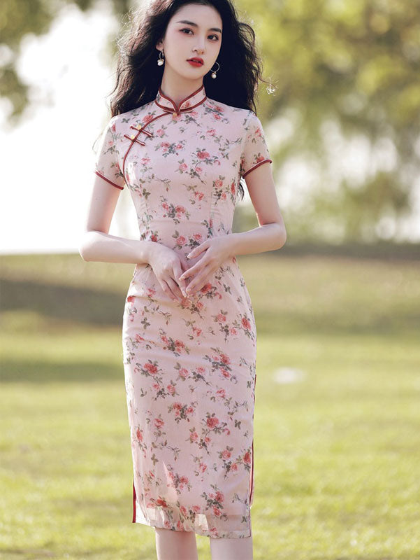 modern chinese dress 2025 Pink Floral Modern Cheongsam Qi Pao Dress
