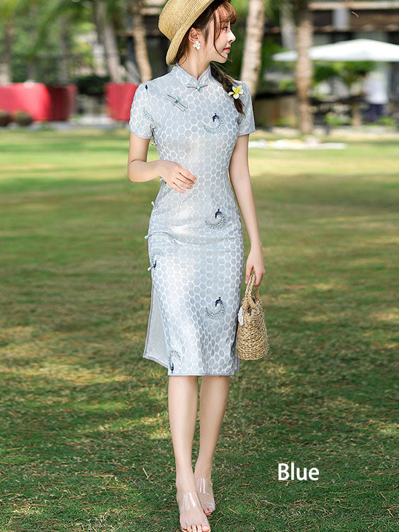 Green White Embroidered Peacock Lace Cheongsam Qi Pao Dress