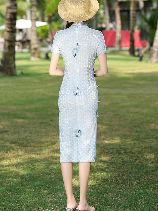 Green White Embroidered Peacock Lace Cheongsam Qi Pao Dress