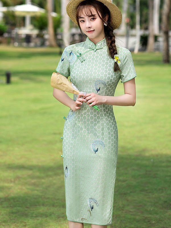 Green White Embroidered Peacock Lace Cheongsam Qi Pao Dress