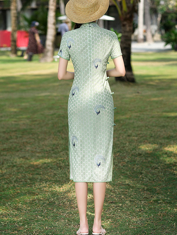 Green White Embroidered Peacock Lace Cheongsam Qi Pao Dress