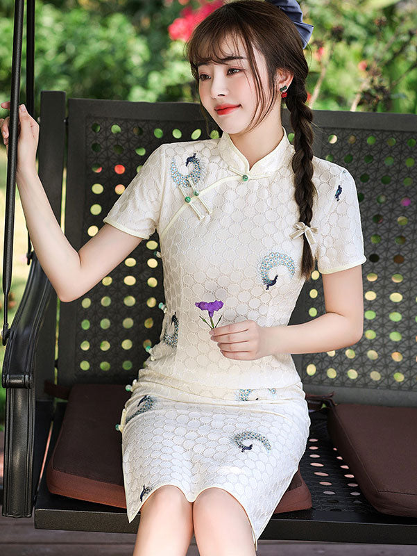 Green White Embroidered Peacock Lace Cheongsam Qi Pao Dress