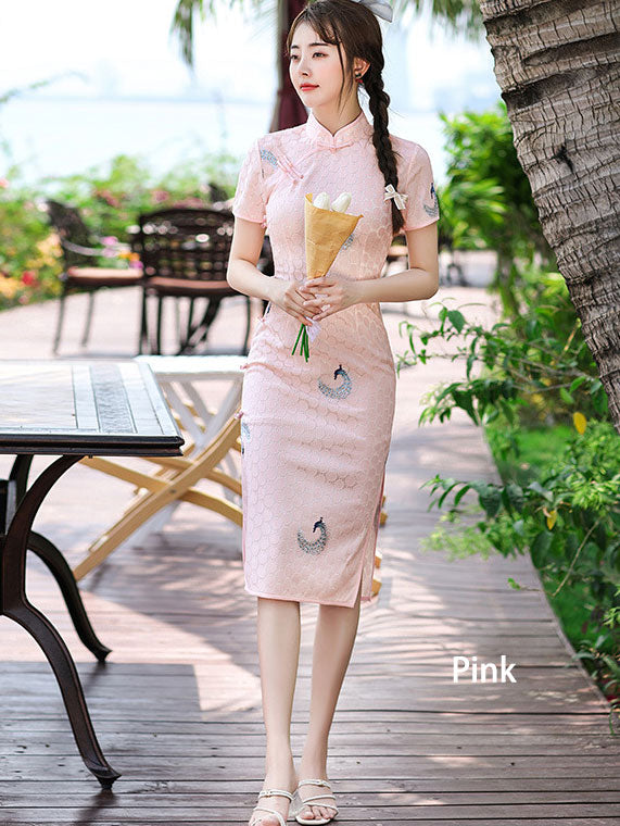 Green White Embroidered Peacock Lace Cheongsam Qi Pao Dress