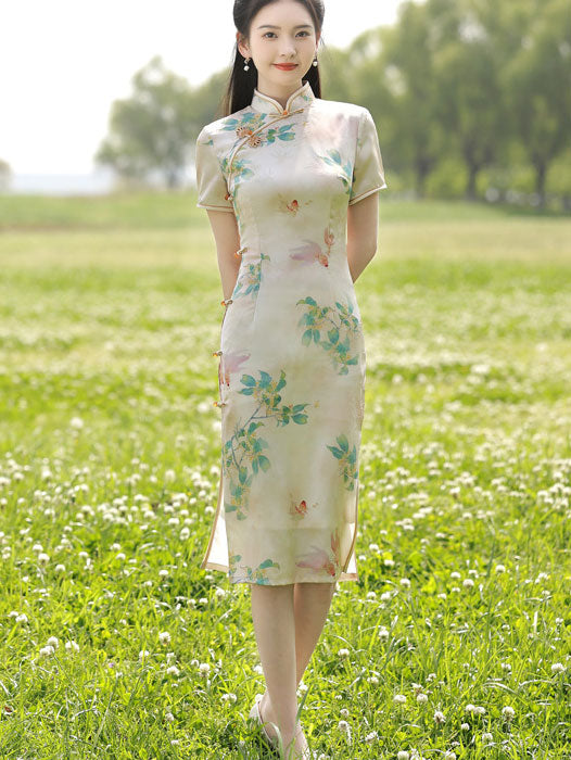 Floral Linen Midi Qipao Cheongsam Dress - IMALLURE XXL