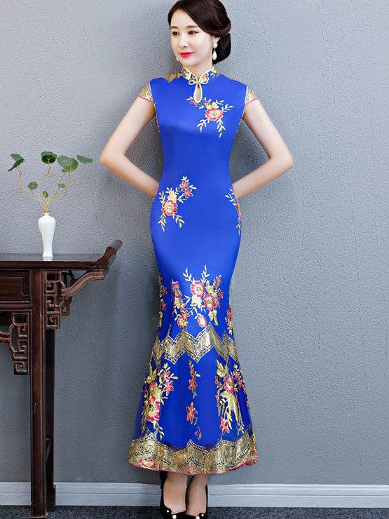 Black Red Embroidered Fishtail Cheongsam Qi Pao Dress