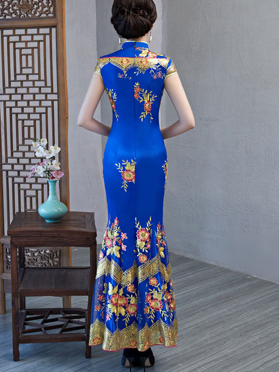 Black Red Embroidered Fishtail Cheongsam Qi Pao Dress