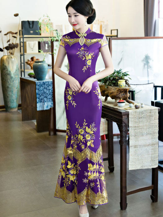 Black Red Embroidered Fishtail Cheongsam Qi Pao Dress