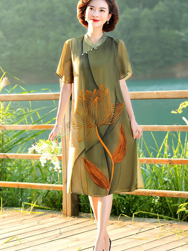 Green Blue Mothers Lotus Print A-Line Qipao Cheongsam Dress