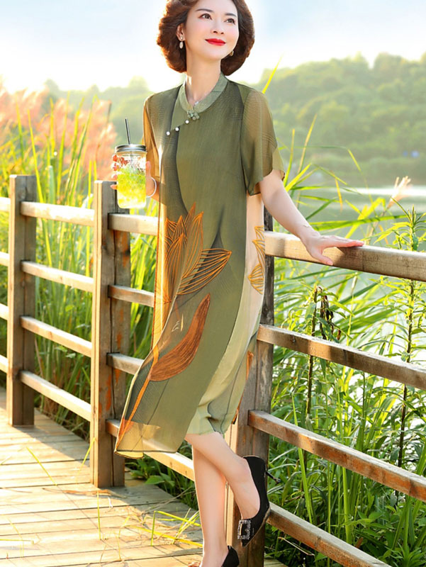Green Blue Mothers Lotus Print A-Line Qipao Cheongsam Dress