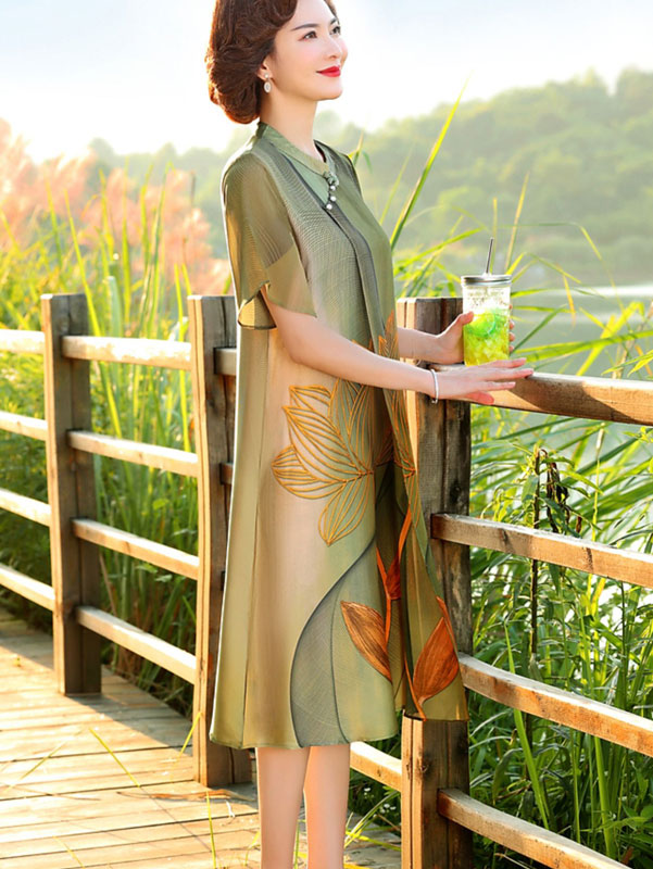 Green Blue Mothers Lotus Print A-Line Qipao Cheongsam Dress