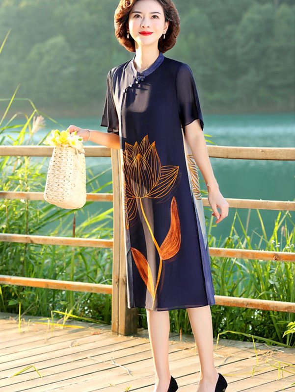 Green Blue Mothers Lotus Print A-Line Qipao Cheongsam Dress