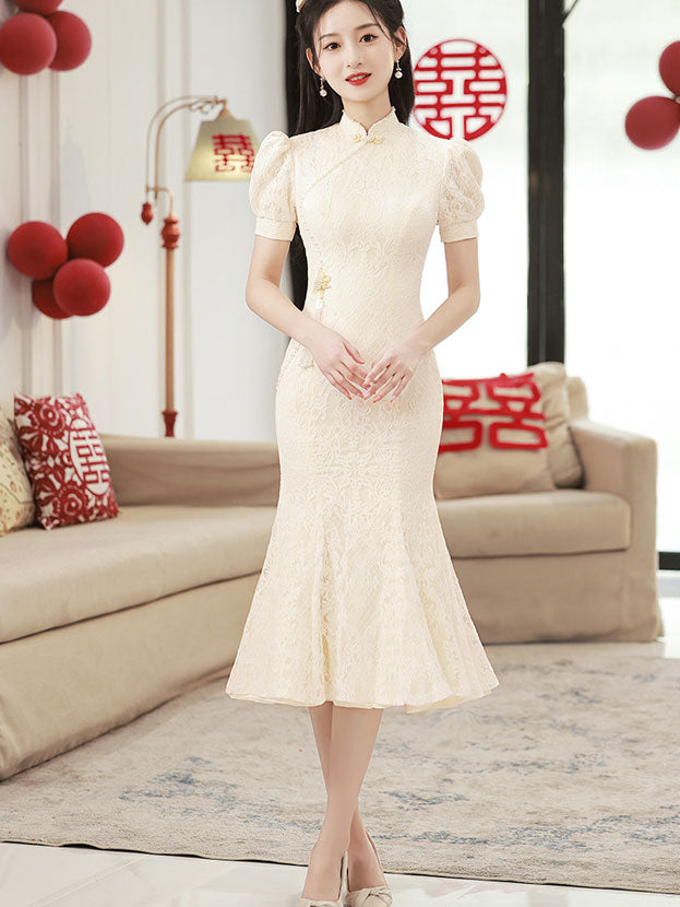 white midi fishtail dress White Lace Midi Fishtail Wedding Cheongsam Qipao Dress