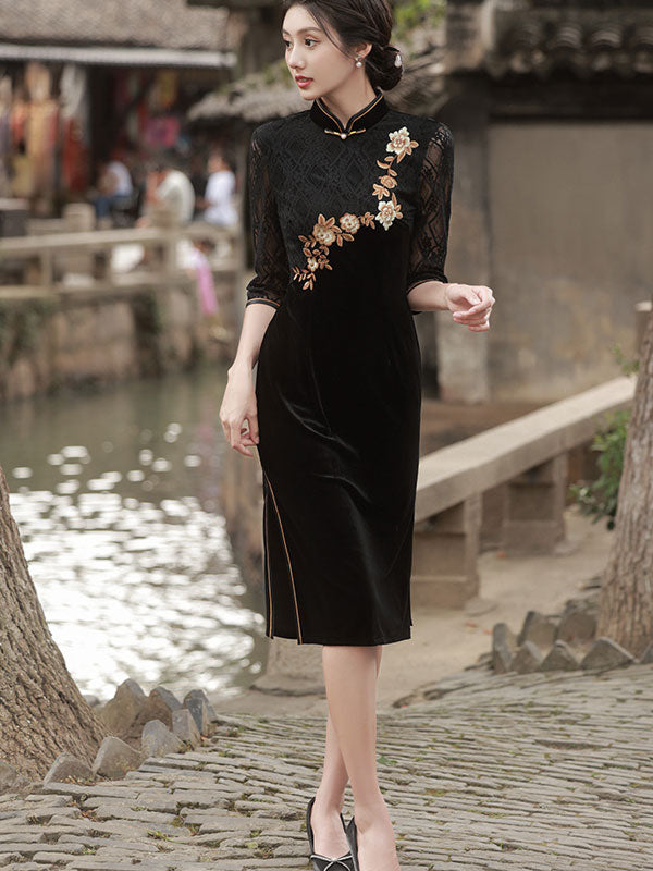 Black Embroidered Velvet Mothers Qipao Cheongsam Dress - IMALLURE XXL Black Embroidered Velvet Mothers Qipao Cheongsam Dress - IMALLURE XXL
