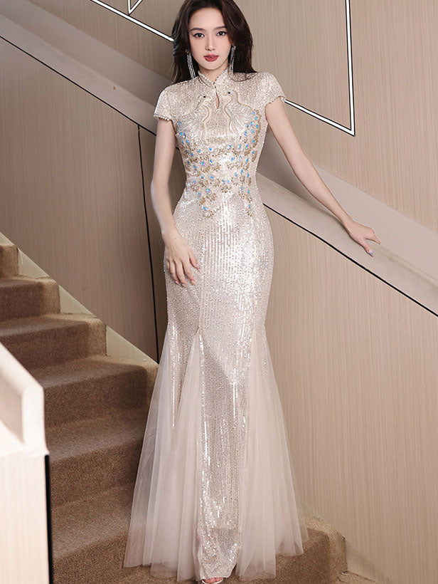 Sequined Beaded Phoenix Fishtail Cheongsam Qipao Dress