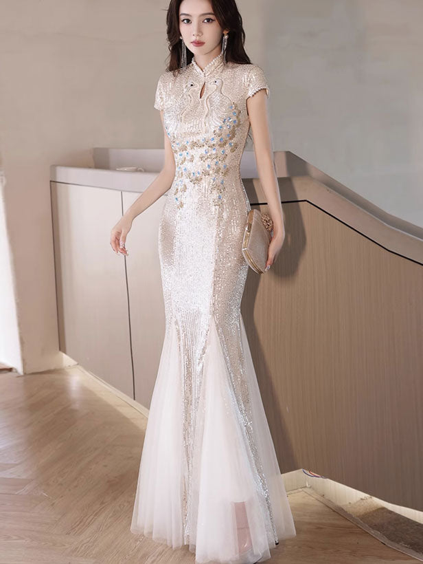 Sequined Beaded Phoenix Fishtail Cheongsam Qipao Dress
