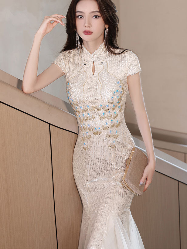 Sequined Beaded Phoenix Fishtail Cheongsam Qipao Dress