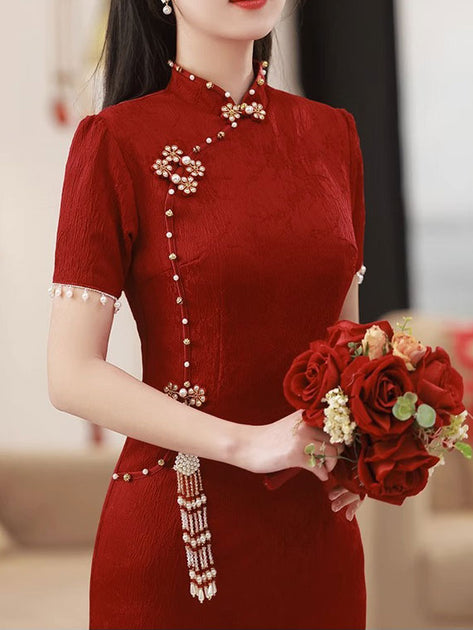 Orange Jacquard Silk Midi Qipao Cheongsam Dress
