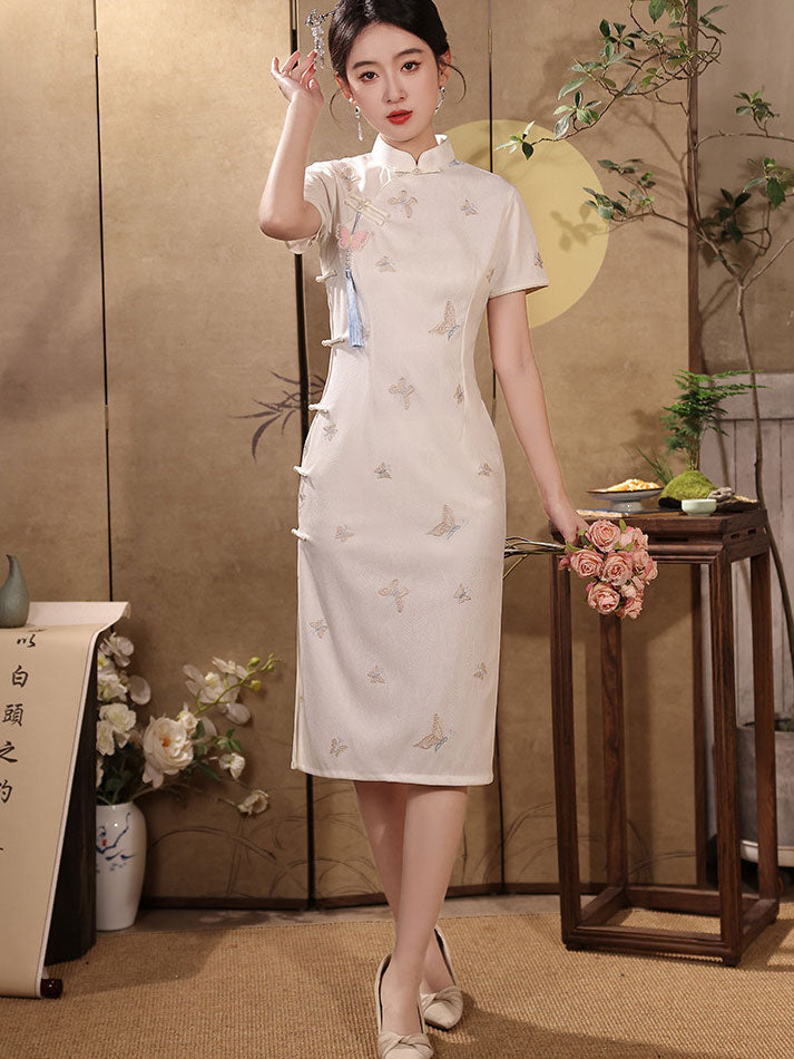 White Embroidered Butterfly Cheongsam Qipao Dress
