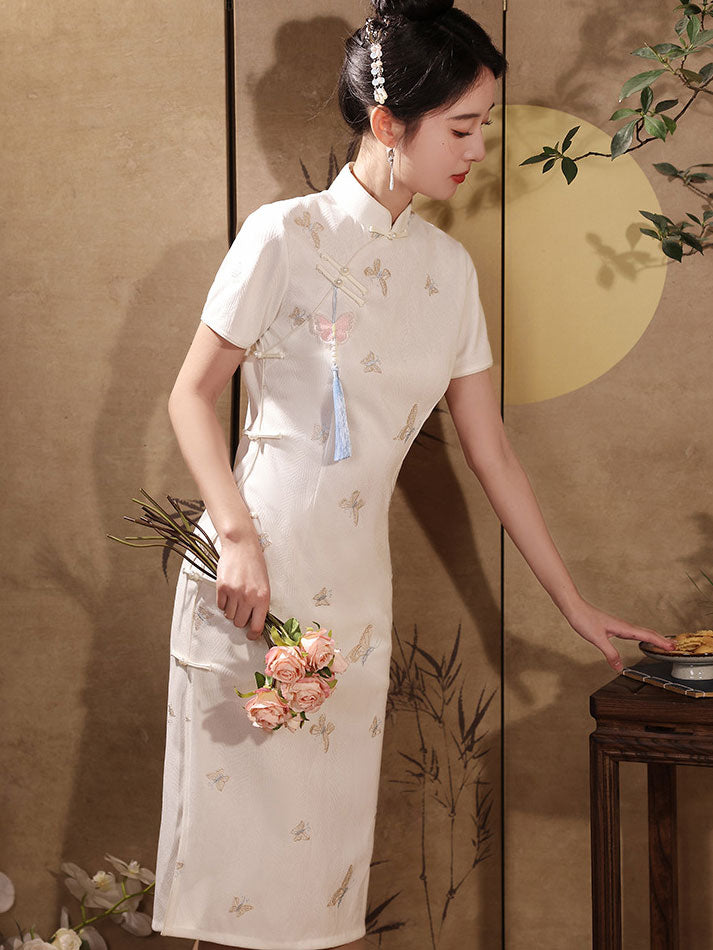 White Embroidered Butterfly Cheongsam Qipao Dress