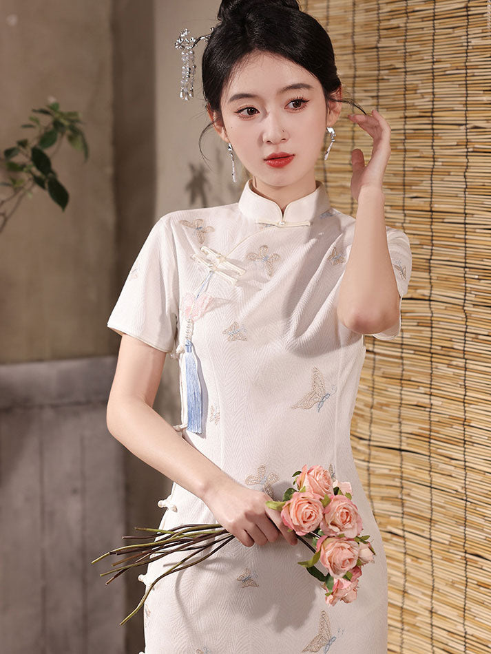 White Embroidered Butterfly Cheongsam Qipao Dress